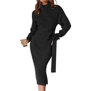 Women's Turtleneck Sweater Midi Dress Long Sleeve Ribbed Knit Bodycon Slit Dress